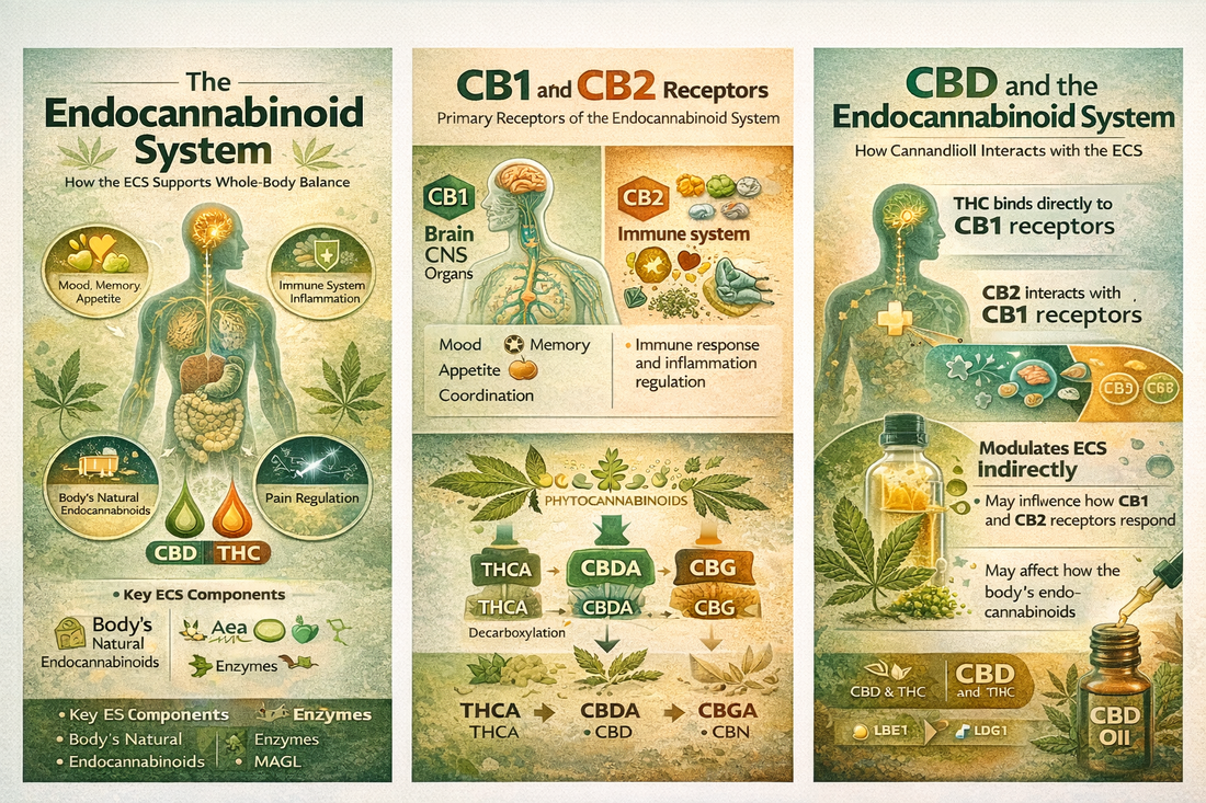 Three-panel educational infographic explaining the Endocannabinoid System (ECS), CB1 and CB2 receptors, and how CBD and THC interact with the body.