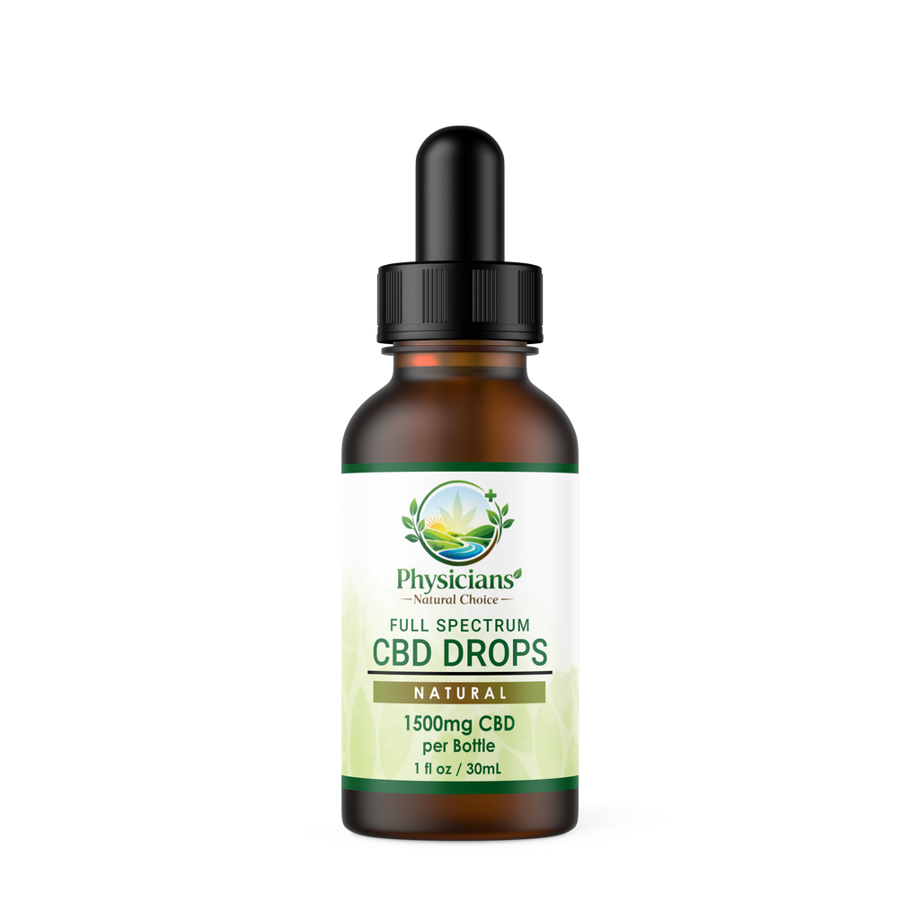 Amber glass dropper bottle of Physicians Natural Choice 1500mg Full Spectrum Natural CBD Drops against a clean background.
