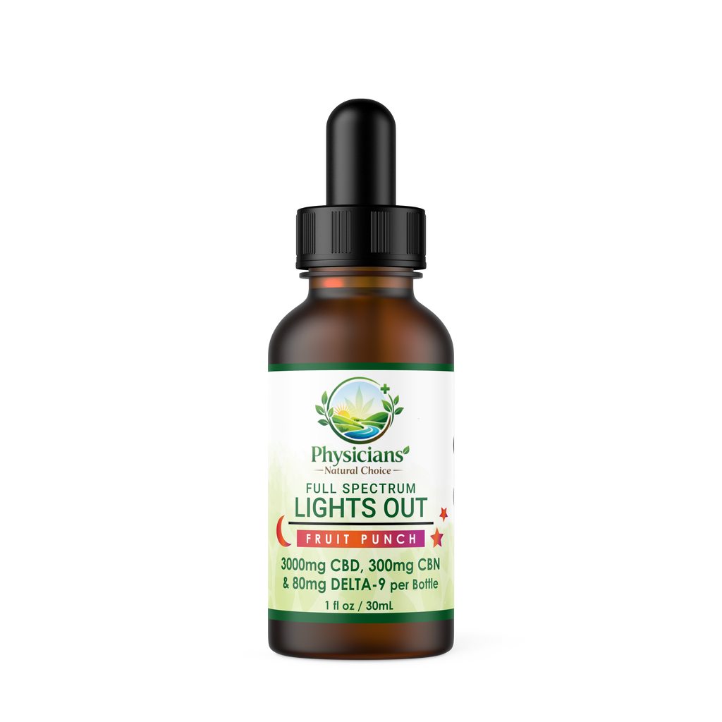 Amber bottle of Physicians Formula 'Lights Out' full spectrum supplement labeled 3000mg CBD, 300mg CBN & 80mg DELTA-9  on a white background