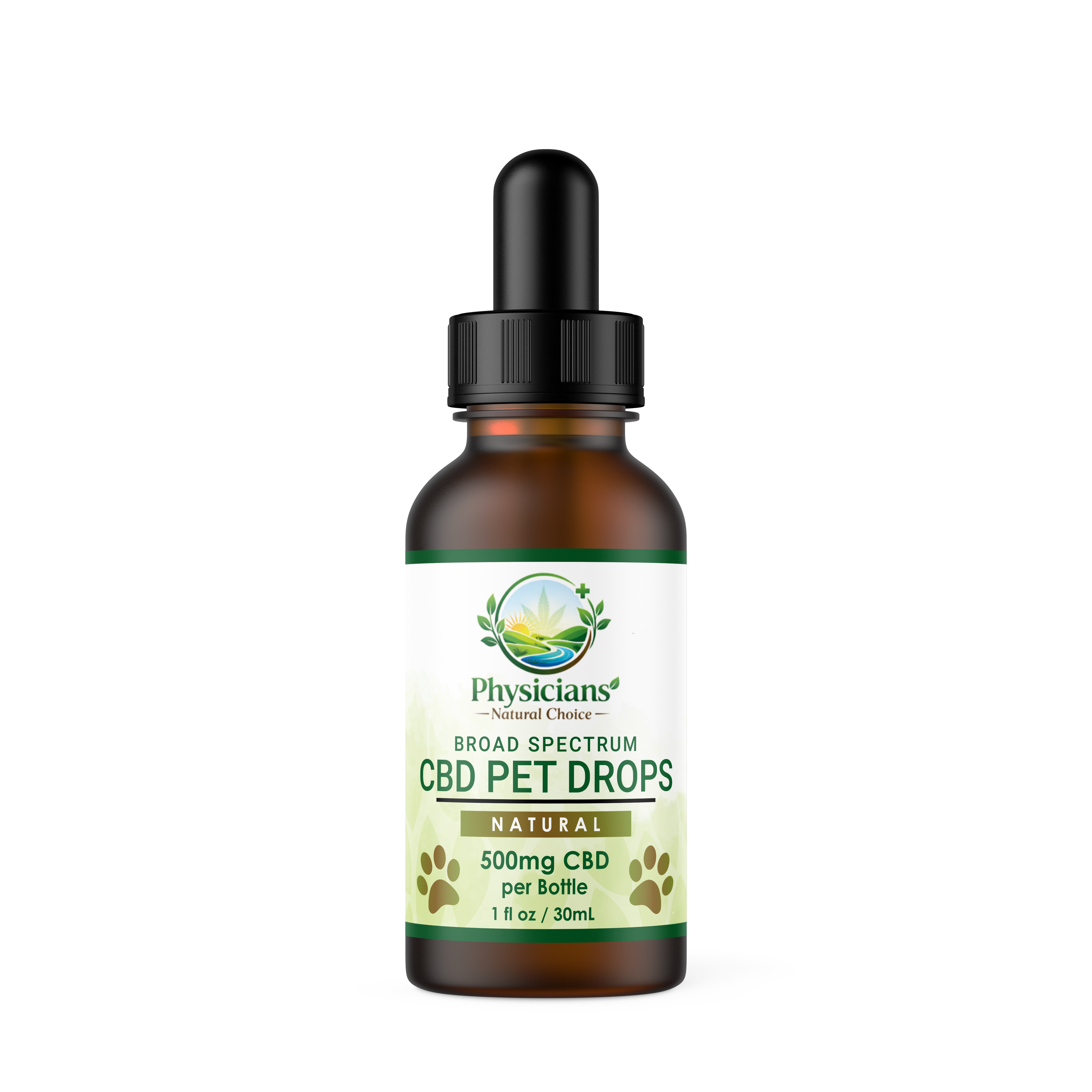 Physician's Natural Choice CBD Pet Drops in amber bottle labeled 500mg CBD on a white background