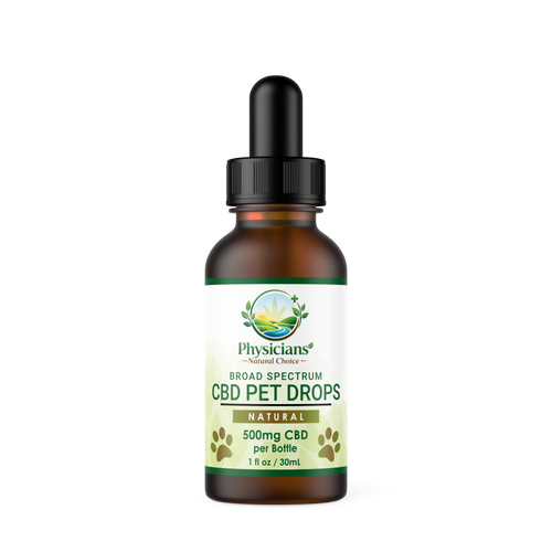 Physician's Natural Choice CBD Pet Drops in amber bottle labeled 500mg CBD on a white background