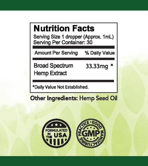 Nutrition facts label for a broad spectrum hemp extract product with green background