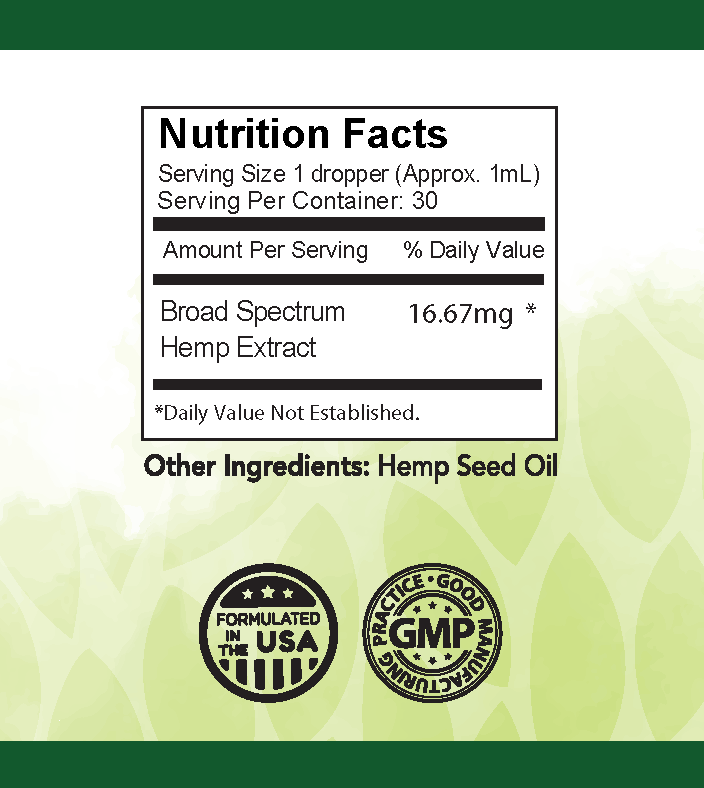 Nutrition facts label for a broad spectrum hemp extract product with hemp seed oil on a green background.