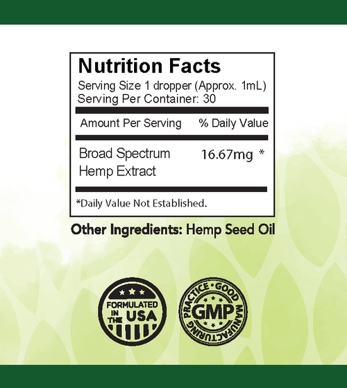 Nutrition facts label for a broad spectrum hemp extract product with hemp seed oil on a green background.